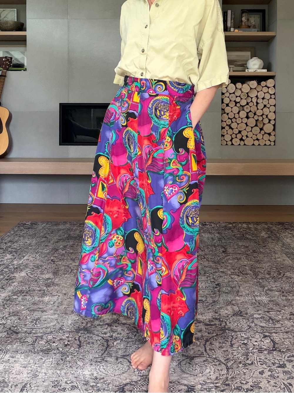 Vintage 100% silk Bold Multicolor Paisley Maxi Skirt medium to large